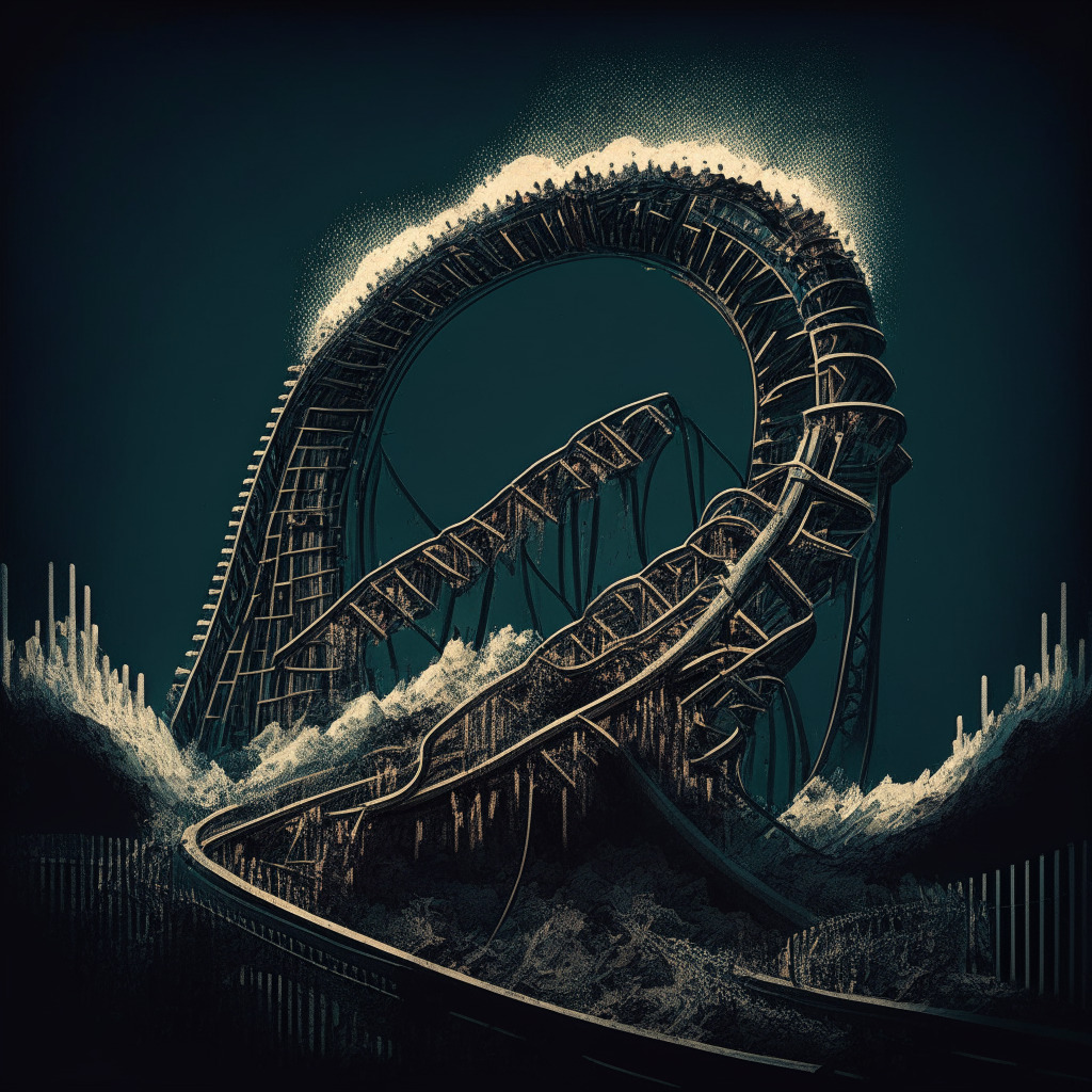 Dramatic, chiaroscuro-lit depiction of a roller coaster representing the financial journey of a cryptocurrency mining firm. The ride dramatically ascends, showcasing recovery from a daunting, looming debt, then hastily descends, demonstrating economic challenges. The roller coaster is located on a fast-paced digital landscape, hinting at the inherent volatility and unpredictability of the cryptocurrency market. The image has an intense color palette with emphasis on the contrast between light and dark, creating a sense of uncertainty and struggle. The overall mood is thrilling yet tense.