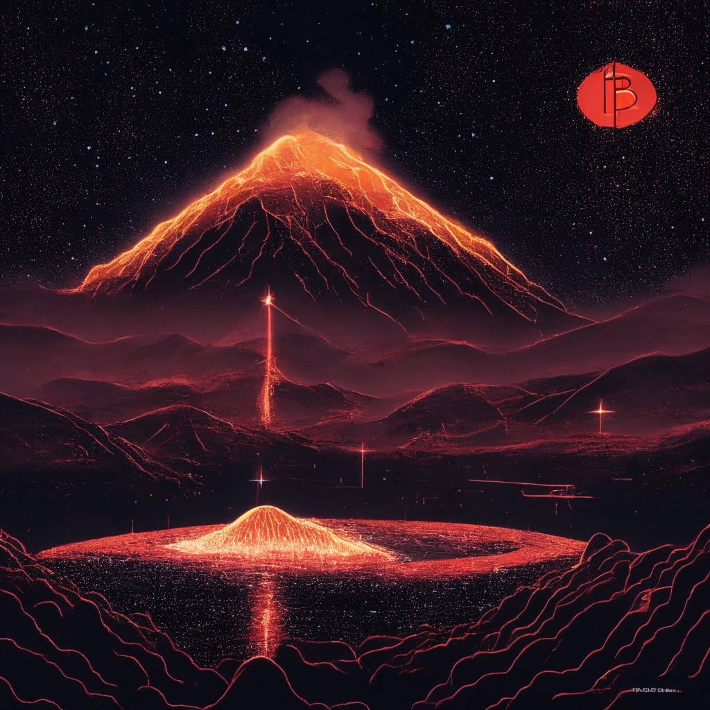 A twilight scene morphing into a starry expanse symbolizing the fast-paced crypto world, Bitcoin at the center suspended near a $29k floating mark, An anemic red pulse line representing languid trading volumes with a looming, dormant volcano hinting the impending burst of volatility. A bustling landscape teems with crypto enthusiasts and economic engineers, encapsulated by the aura of radical dreams and regenerative economics. At the edge, a veiled figure stands, representing the anticipation shrouding DeFi. Across the scene, signs of slowing NFTs, a discreet nudge indicating a Bitcoin-ETF application, and a glowing screen showing surprising Q2 revenue results.
