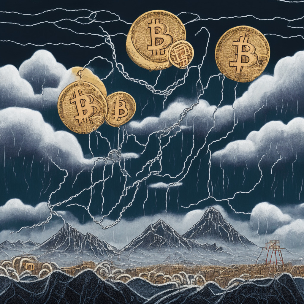 A gloomy economic landscape under stormy skies, massive debt represented by a towering mountain range in China's outline. Lightning bolts as tentacles reaching towards a troubled Bitcoin coin entwined in chains, reflecting peril. The foreground showing a barren land of deflated balloons, symbolizing falling consumer prices. Downcast shadows embody prediction of a difficult recovery process. Artistic style: intense chiaroscuro.