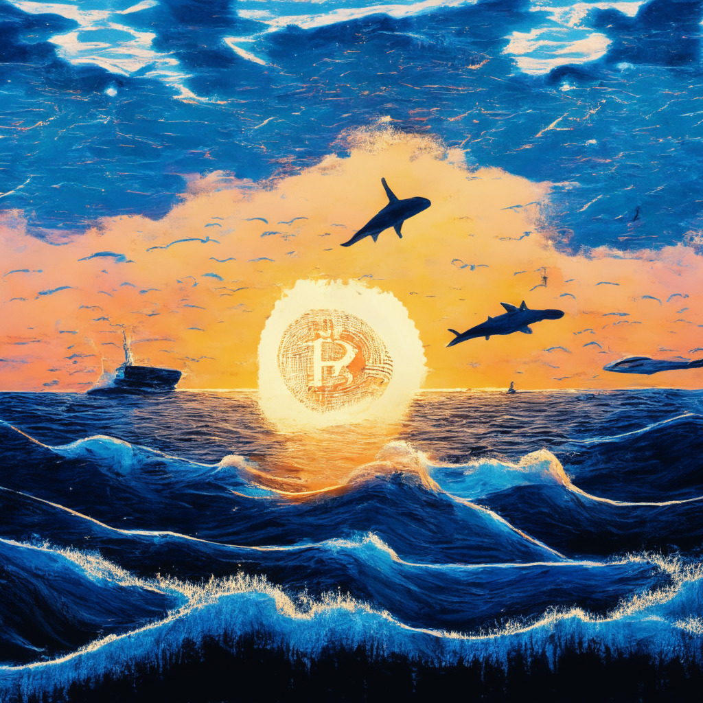 An impressionistic sunset over a tumultuous ocean, divergent waves representing market volatility and bullish trends in Bitcoin. A horizon punctuated by an Adafruit-style digital clock displaying Bitcoin hovering around $29,000, with hazy silhouettes of whales surfacing, simbolising big Bitcoin players. Meanwhile, the sky is a kaleidoscope of warm and cold hues, capturing the mystifying mood and anticipation of Bitcoin's future.