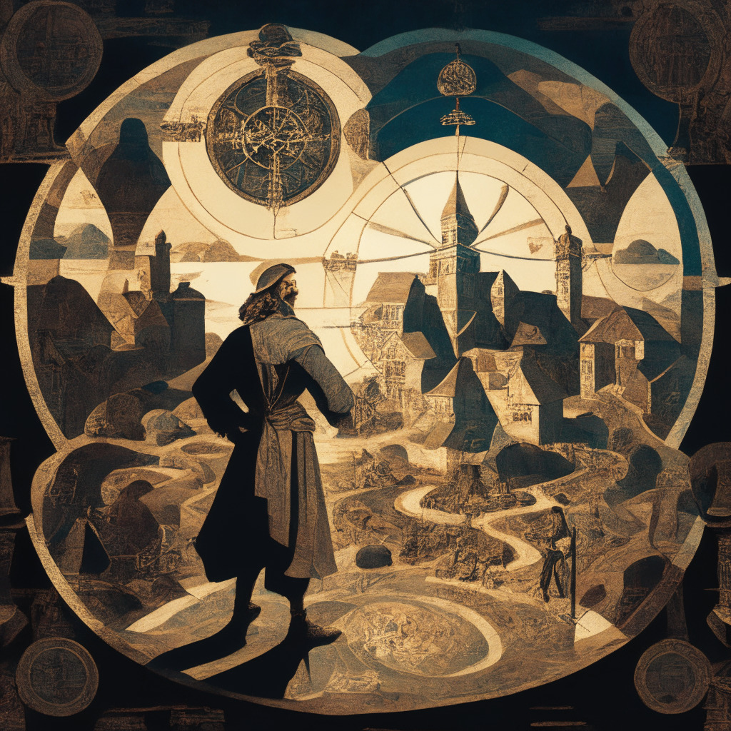 An intricate, stylistically Renaissance-inspired scene, with soft chiaroscuro lighting casting long shadows. At the centre, a crypto innovator stands holding a compass, symbolizing the tough decisions on regulatory navigation. He is flanked by two distinct landscapes: to the left, a vibrant, welcoming foreign market, brimming with growth and innovation. To the right, a decidedly over-lit and bureaucratic U.S. environment, symbolizing its complex regulatory systems. On the horizon, a rising sun peeps, suggesting the future potential of the U.S crypto sector. Mood: Ambivalent and contemplative.