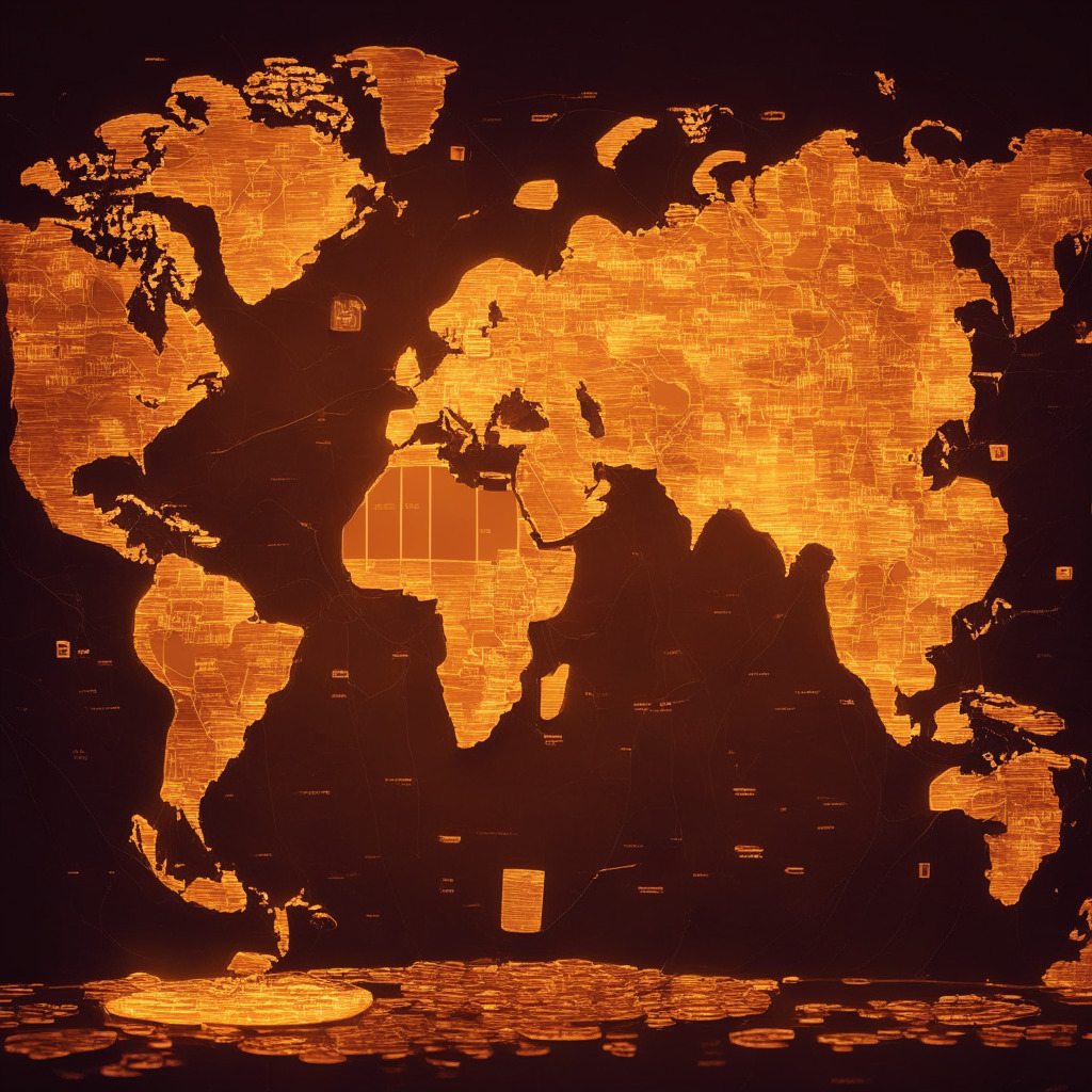 A global cryptocurrency map lit by a soft, warm light, illustrating the uneven regulatory landscape. Countries like Singapore and Bermuda are highlighted in vibrant colors, symbols of their advanced regulation shimmering. A dimmer, sepia-toned US shows uncertainty, with dollar-stablecoin floating aimlessly. Mood is contemplative, employing impressionist-like strokes.