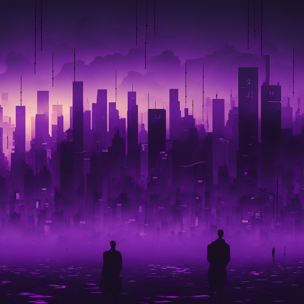 A surreal cityscape at dusk, cryptocurrency symbols floating like ethereal market indicators in the smoky purple sky, the silhouettes of active traders, their eyes reflecting the fluctuating data graphs. A precarious balance of risk, reward, and resilience reverberates in the moody ambiance, tinged with hues of uncertainty and unpredictable dynamism.