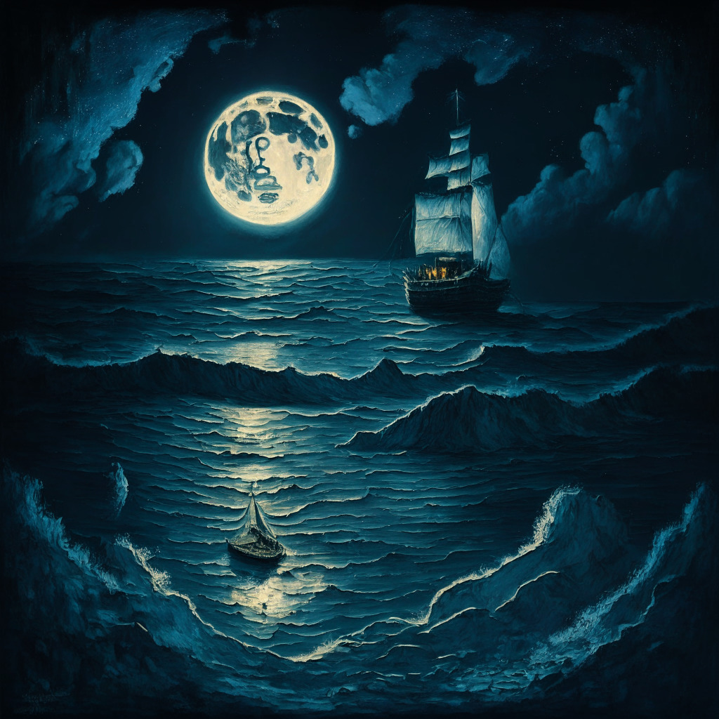 A nocturnal scene with reflective sea symbolizing the uncertainty of the cryptocurrency market. In the center, a slightly sinking ship resembling the XRP coin, but a strong beam of light from the moon above hints at a potential rebound. The overall mood is tense but hopeful, painted in a realistic style with darker hues dominating the canvas.