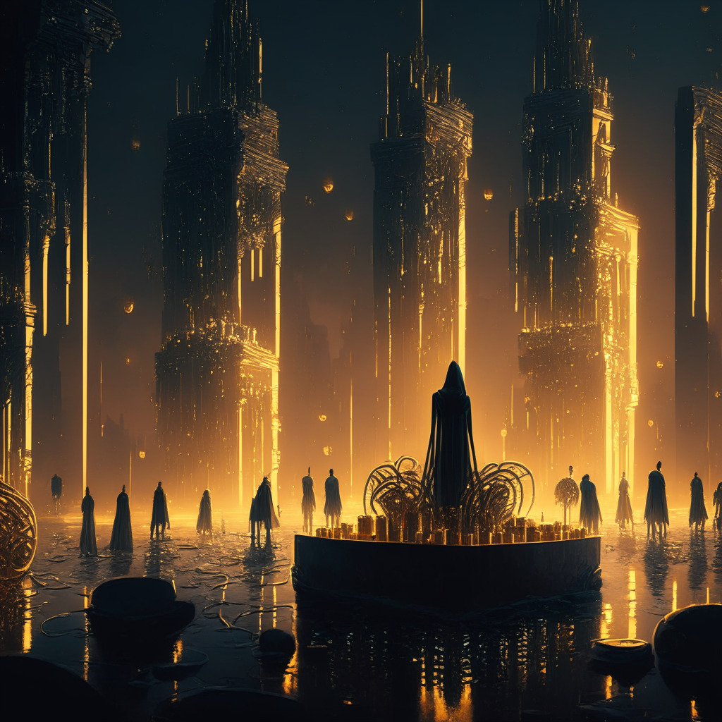 An eerie, cinematic cityscape shot at dusk set against the backdrop of a crypto network illustrated as intertwined metallic structures. The central focus, an embellished, glowing, but cracked fountain spouting gold coins symbolizing a wealthy lending app. Shadowy figures lurking in the background, along the sides of the structure, representing exploiters. In the foreground, a line of repetitive humanoid shapes, differentiated by an opalescent filter, imitating investors, who bear the outcome of the crisis. Looming over it all, a expressive, mottled sky painted in deep blues and purples, casting an ominous, cautionary mood over the whole scene.