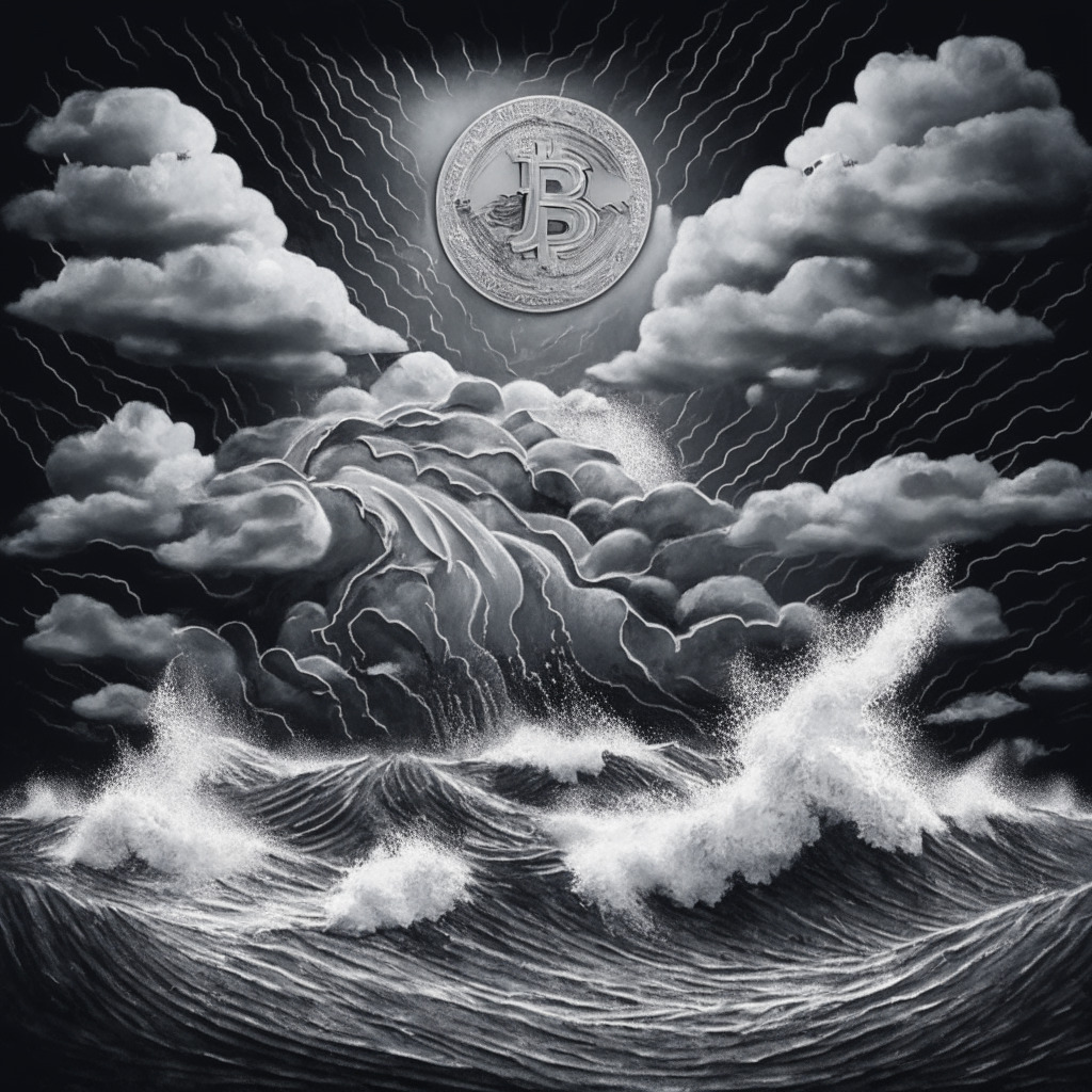 An abstract representation of a tumultuous sea in monochrome, symbolizing the bear crypto market. Incorporating stylized, floating coins like Bitcoin, THORChain, Wall Street Memes, dYdX, Sonik Coin, and Bitcoin SV, the assets rise and fall with the waves, highlighting volatility. Under a stormy sky, the scene is illuminated by a hopeful silver lining on the horizon, depicting emerging interest. Strive for mood of uncertainty yet optimism.