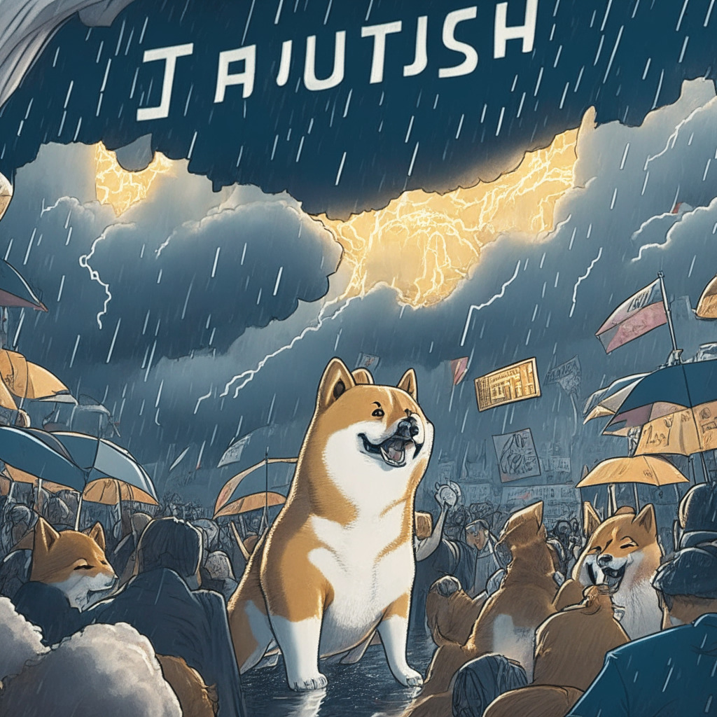 A bustling cryptocurrency marketplace under a tumultuous stormy sky, Bitcoin stands hesitant while surrounding altcoins shine with resiliency and innovation. A sleek Trust Wallet Token prepares for a bullish breakout, Wall Street Memes coin oozes with wittiness and novelty, Rocket Pool tilts between bullish surges and bearish trends. A playful Shiba Inu presents a new coin beside a Barbie doll, Immutable X breaks chains representing resistance, and XRP20 radiates disruptive energy. A subdued color palette, Rembrandt's chiaroscuro lighting highlights the subjects' contrast, imbuing the scene with a sense of anxious anticipation.