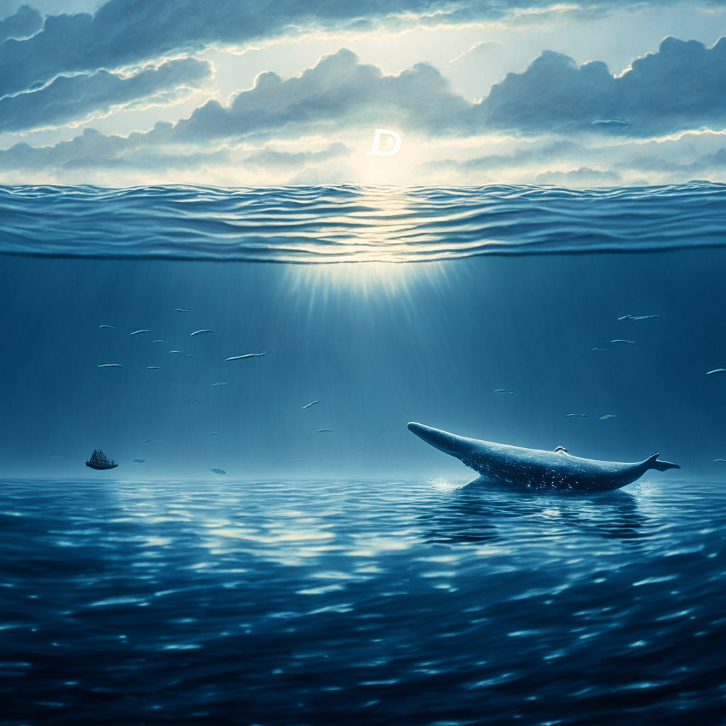 A tranquil seascape capturing the calm before a Bitcoin storm, whales swimming beneath the serene surface hinting at gathering momentum, the light low and muted with anticipation. The image evokes intrigue and potential volatility, subtly hinting at the obscured underwater movements. A slightly illuminated Bitcoin floats above $29,250 level signifying hope amidst the calm.