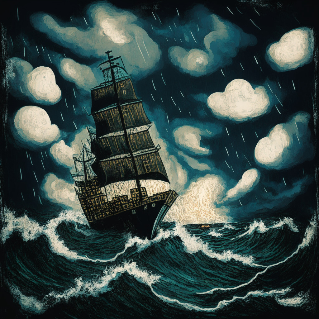 Surreal interpretation of a cryptocurrency market under intense regulation, stormy seas with giant ship labeled 'eToro' navigating challenging, choppy waves, ominous dark clouds in the sky symbolising regulatory threats, a faint ray of sunlight peering through clouds in the distance symbolising hope and resilience, painted in an expressionist style embodying tension and uncertainty.