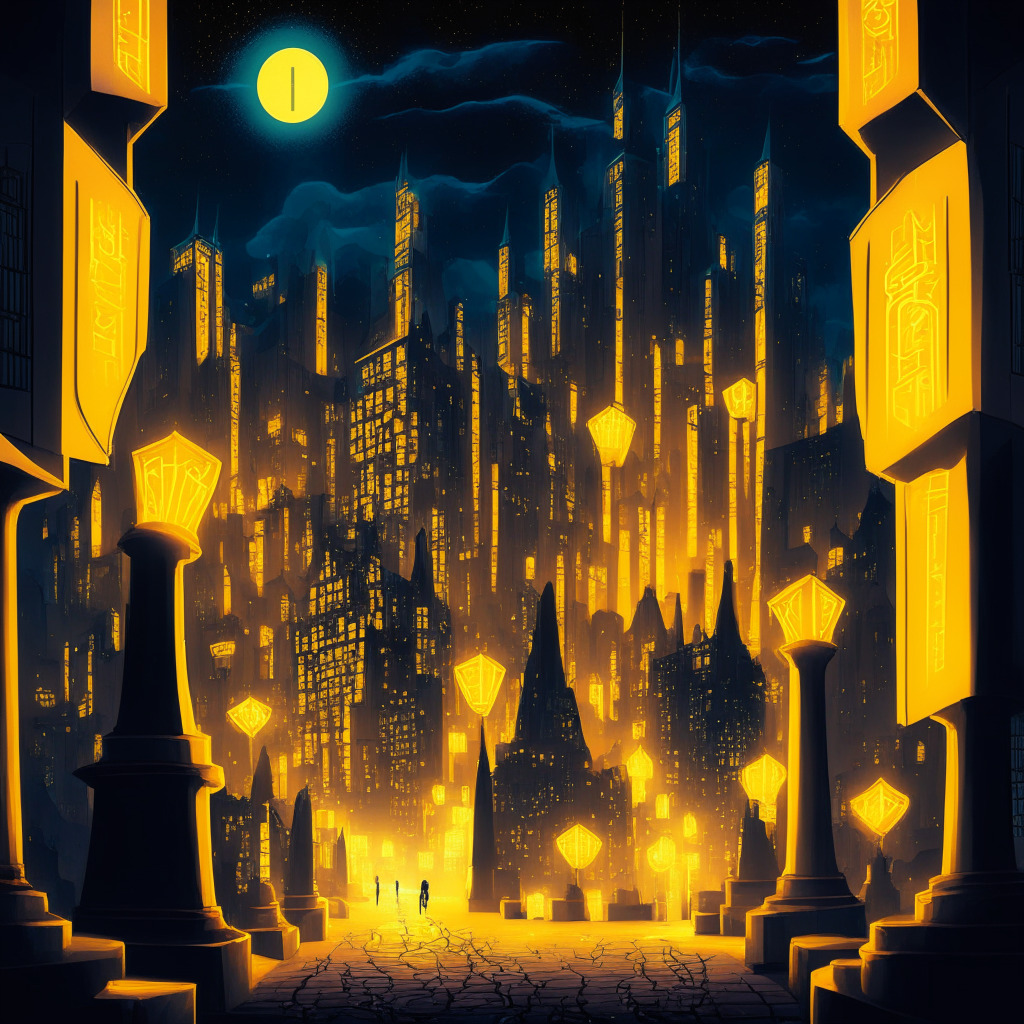 A nighttime cityscape inspired by blockchain technology, central focus on a towering, ethereal castle symbolizing Ethereum, surrounded by gloomy liquidity pools, representing market volatility. Curving streets filled with bright, small stores signify Bitcoin and other cryptocurrencies. A path lit by bright, yellow lanterns leading to an under-construction structure, indicating LPX’s potential upsurge. The landscape rendered in stark, digital art style, under a starry violet sky suggestive of the crypto market’s uncertain future. The mood is a mix of caution, optimism, and mystery.