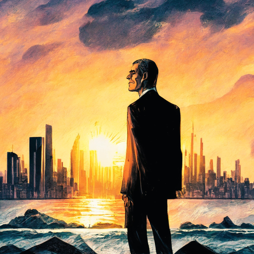 Sunset over a futuristic cityscape, Bitcoin signs dotting the skyline with a turbulent sea in the foreground, referencing crypto market volatility. Jerome Powell, as an imposing figure overshadowing the scene, hints at looming financial decisions. Robinhood, as a sleek, symbolic figure in the background, alludes to significant crypto investments. A soft, watercolor style evokes a sense of uncertainty and anticipation.