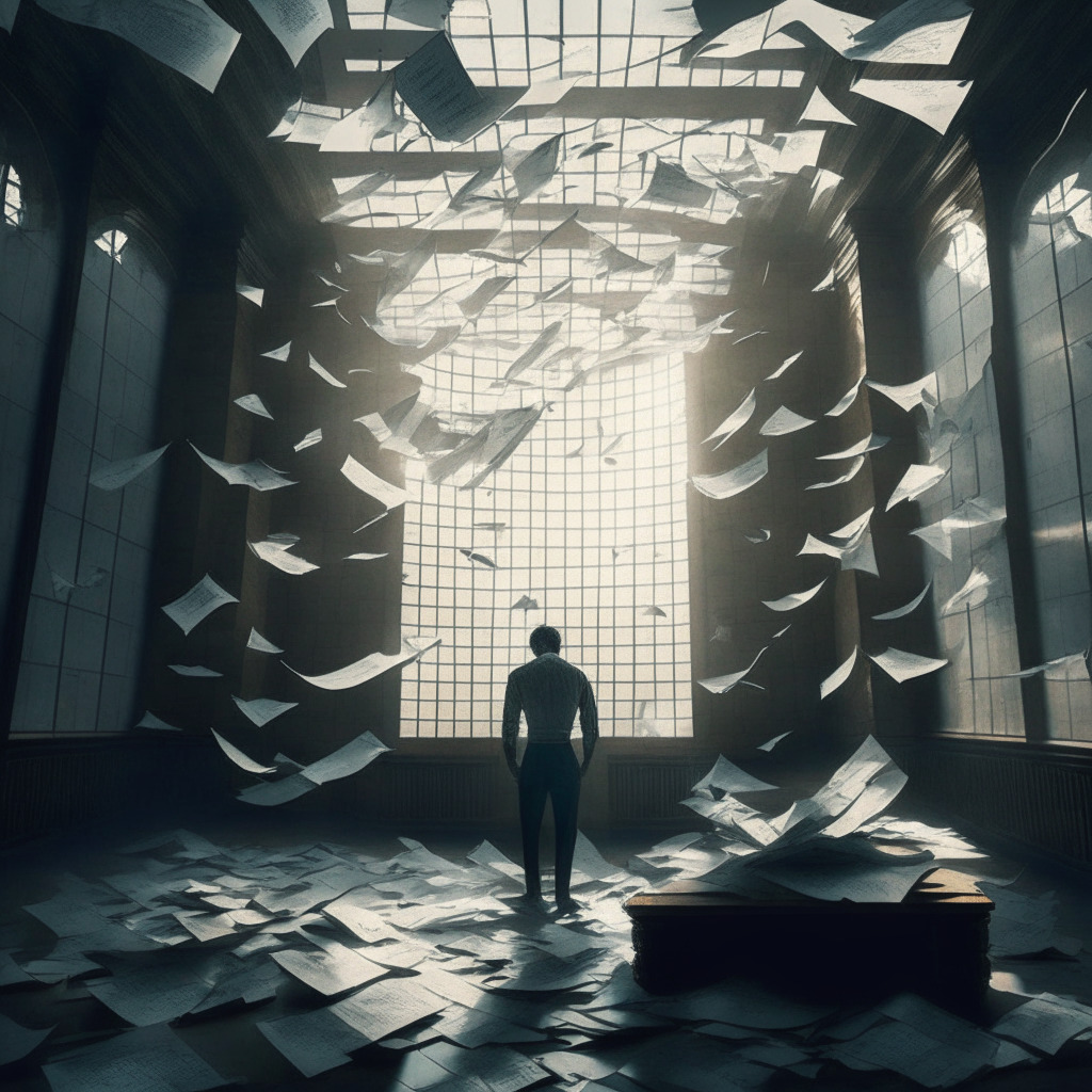 Man immersed in an ocean of flying paper sheets representing legal documents in cryptic language, in a spacious, Baroque-style detention center. The sunlight filters palely through heavy iron-barred windows, casting dramatic shadows. The mood is tense yet melancholic. Few hints of blockchain motifs subtly incorporated to depict the underlying crime.
