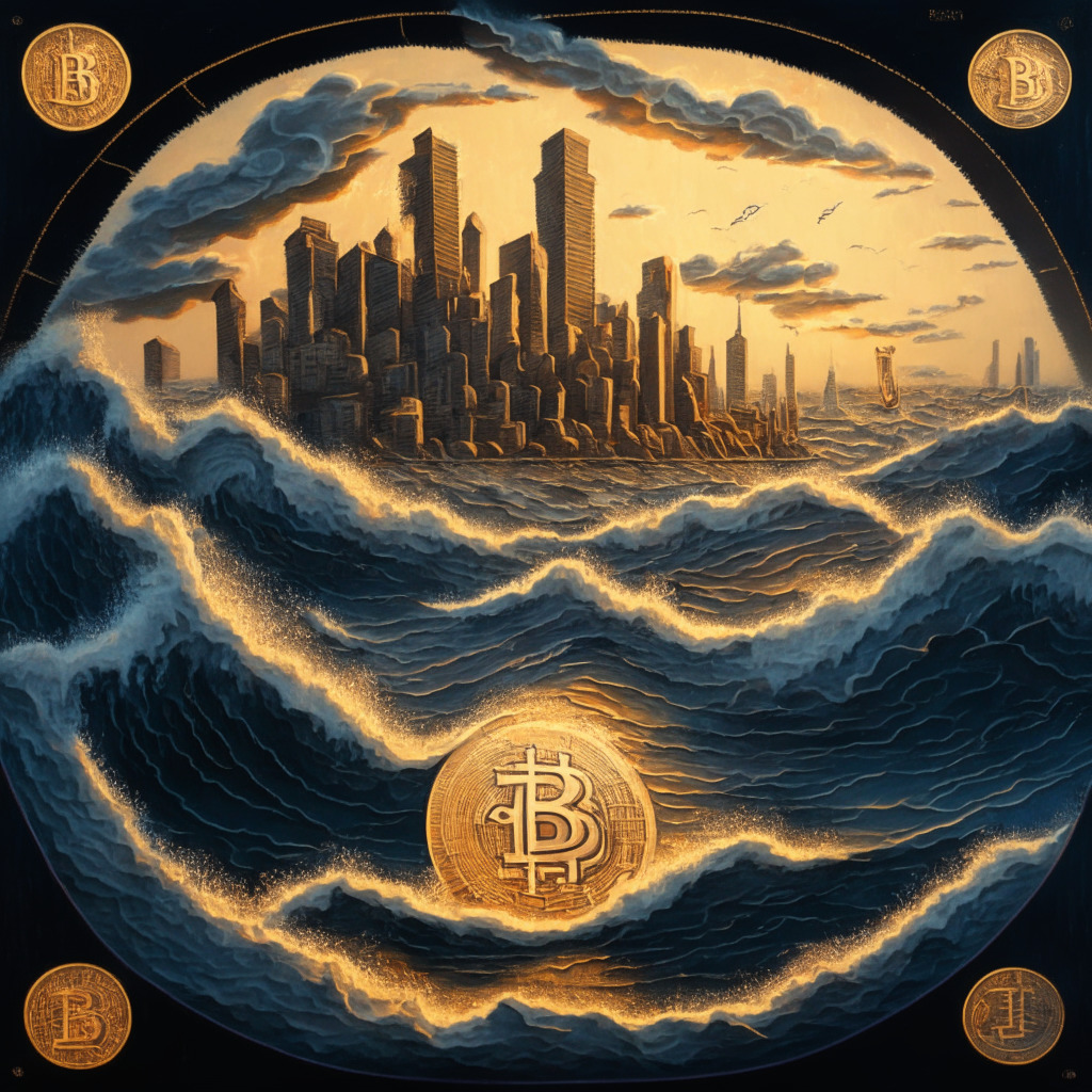 An intricate financial-themed painting in the style of Gerrit Adriaenszoon Berckheyde, during dusk. An animated BTC coin in the center, finely balanced on a razor-sharp edge, casting a long shadow, and surrounded by a tidal wave of emotions, signifying market fluctuations. The surrounding cityscape represents various bitcoin holders, short-term structures looking unstable and top-heavy, long-term ones appearing resilient and steady. Distant lands emphasize international markets, with some showing signs of success, basking in warm sunset glow, symbolizing the robustness of El Salvador's bonds. The overall mood is of cautious optimism, with a tinge of apprehension casting a subtle gloom. No logos or brands included.