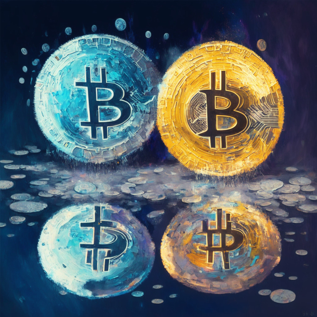 Digital paintings of two dominantly large, futuristically textured coins representing Bitcoin and Ethereum, the moon reflecting a soft, silver light onto them. Adjacently, a handful of smaller, colorfully radiant coins symbolizing volatile meme-coins dancing in the wind. The artistic style is a blend of abstract impressionism and realism, capturing a serene yet turbulent mood, implying the contrast between stability and volatility in the crypto market.