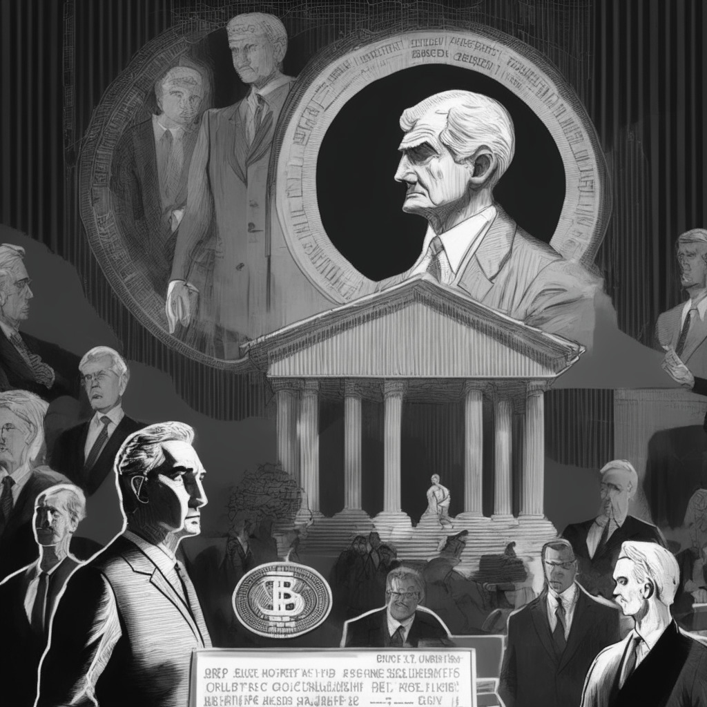 A grayscale scene representing economic uncertainty, with a chief figure in suit symbolizing Jerome Powell at the symposium, spotlight on him hinting at Federal Reserve's struggle against inflation. Slightly behind, a fluctuating graph depicting Bitcoin's value, with connecting lines to fading images of various cryptocurrencies like Rollbit Coin, Wall Street Memes, Unus Sed Leo, Sonik Coin, and Livepeer - each with unique badges symbolizing their characters. Abstract silhouettes of households and businesses in the background as a representation of their potential discomfort. The image is rendered in a surrealistic style, with hints of muted colors for an ominous mood.