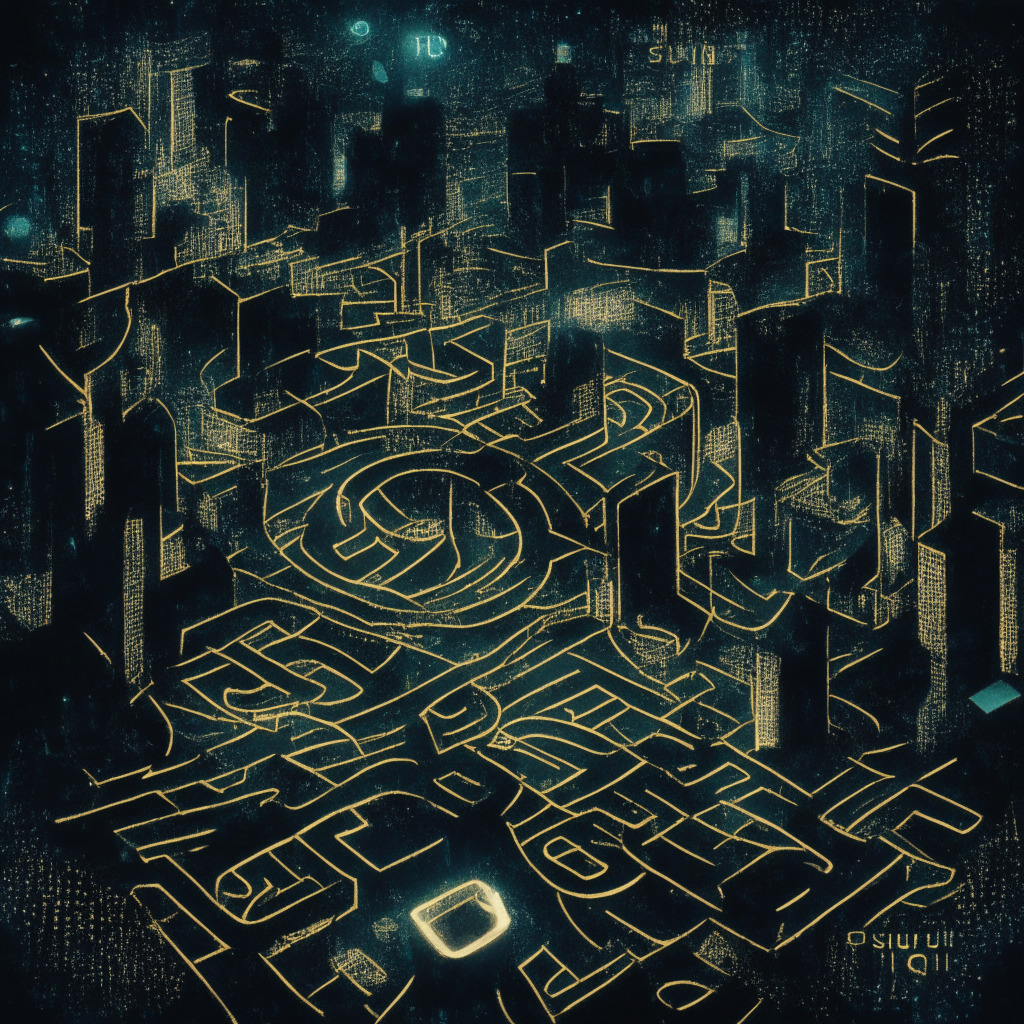 A night-time crypto market cityscape in a 'Dali-meets-Picasso' style. A cryptic maze with scripts & obscure paths represents market dynamics, smokescreen obscuring visions and fast-emerging tokens. In its center, a spotlight illuminates the SUI and LPX tokens. The atmosphere is tense, an irregular trajectory symbolizes the fall and recovery of SUI. Elements of candles and bull, hint at technical indicators and bullish signs. Challenging edifices resemble the $0.65 hurdle. The edges depict Launchpad XYZ's potential rise, tools and AI entwined as progress.