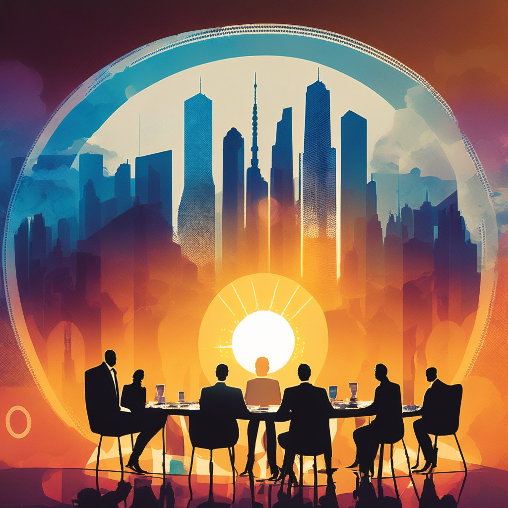 Conceptual illustration of a G20 roundtable set against the backdrop of a teeming digital metropolis, silhouettes of diverse world leaders contemplating a holographic Bitcoin, suffused with the hues of sunrise. The style is a fusion of realism and magic-realism, and light shimmers with dawn's soft luminosity. The image exhibits a paradox with serene, cool-toned skyscrapers visible through the window reminiscent of local challenges in the thriving crypto environment. The aura should emanate hope, collaboration, and a subtle sense of urgency portraying the future of the global economic dialogue motored by cryptocurrencies.