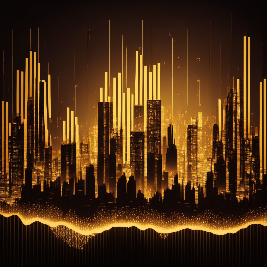 Skyline at dusk illumined with a subdued golden glow, fluctuating stock market charts overlaying a cryptically intricate roller coaster, symbolic of the turmoil in the crypto market. Steep high-rise buildings, representing Bitcoin, Ether, and altcoins, reflecting elements of Art Nouveau style with complex patterns suggesting market volatility. Scene radiates a moody ambiguity reflecting the unpredictable nature of cryptocurrency.