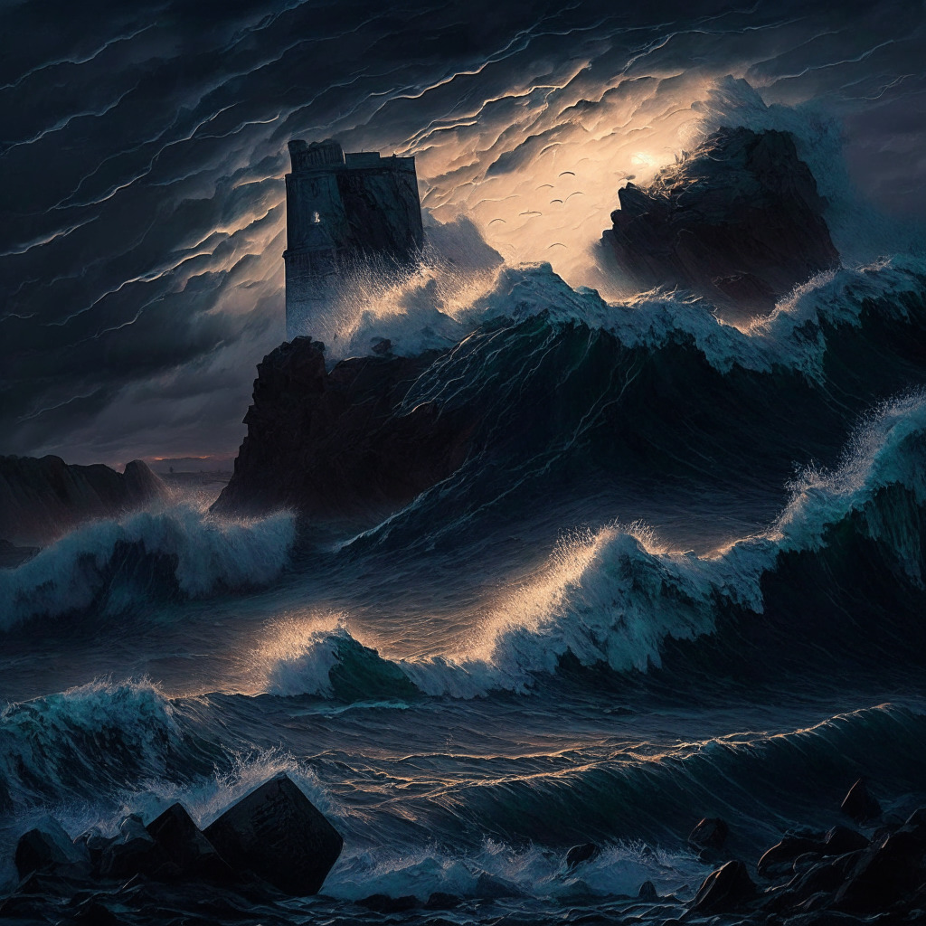 Stormy seacoast at dusk with turmoiled waves representing the crypto market volatility, A monumental figure in the distance, akin to Jerome Powell, giving a speech on a cliff, rays of light symbolizing interest rate hikes casting shadows on Bitcoin and altcoin figures, mood is suspenseful, tense.