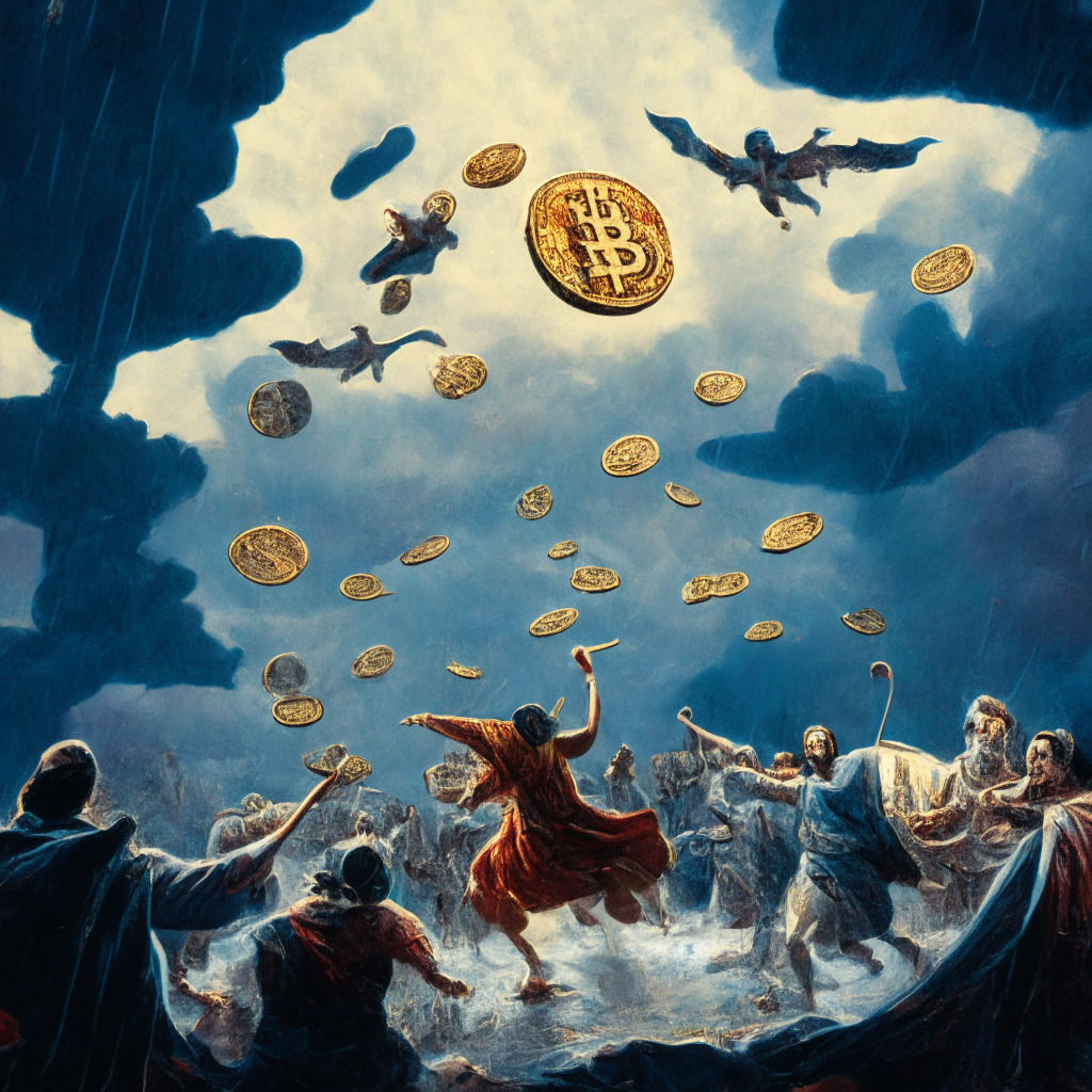 A chaotic market scene influenced by Impressionism, cryptocurrency icons in the form of ancient coins being tossed in a stormy sky, representing volatility. Foreground focusing on a pair of scales swinging unpredictably, representing slippage in transactions. In the background, a Sherpa guiding through the storm, symbolizing slippage as a guiding tool. The lighting should be dramatic, highlighting the tension and uncertainty of market trends.