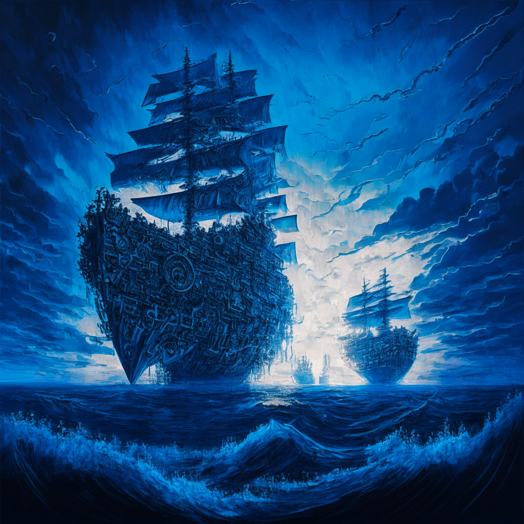 An intricately designed cybernetic atmosphere, impressionistic style, twilight setting, with cool blue and sharp silver hues representing a standstill in cryptocurrency market. A tumultuous ocean symbolizing market volatility and uncertainty, with a resilient ship, allegorical to MicroStrategy, navigating the stormy seas. The mood is tense yet hopeful, with a glimpse of sunrise on the horizon, indicating potential recovery.