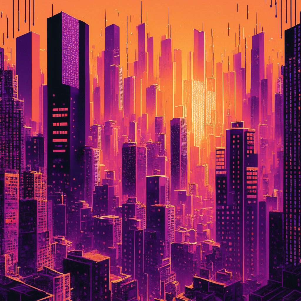 A bustling cityscape representing the ebbs and flows of the crypto world, bathed in the vibrant oranges and purples of dusk, illuminating the highs and lows of blockchain's future. Skyscrapers imprinted with binary code, symbolic of the mining difficulty in Bitcoin. In the crowd, a hushed exchange, indicative of secure messaging through Web3 domains. Emerging amongst the grayscale structures, joyful pops of color represent the resurgence of Binance and the growing influence of Maple Finance. A shadowy figure lurks, a nod to security concerns. The distant horizon, less developed, representing Australia's cautious approach to CBDC, and a court of justice standing tall, symbolic of the lawsuit against Atomic Wallet.