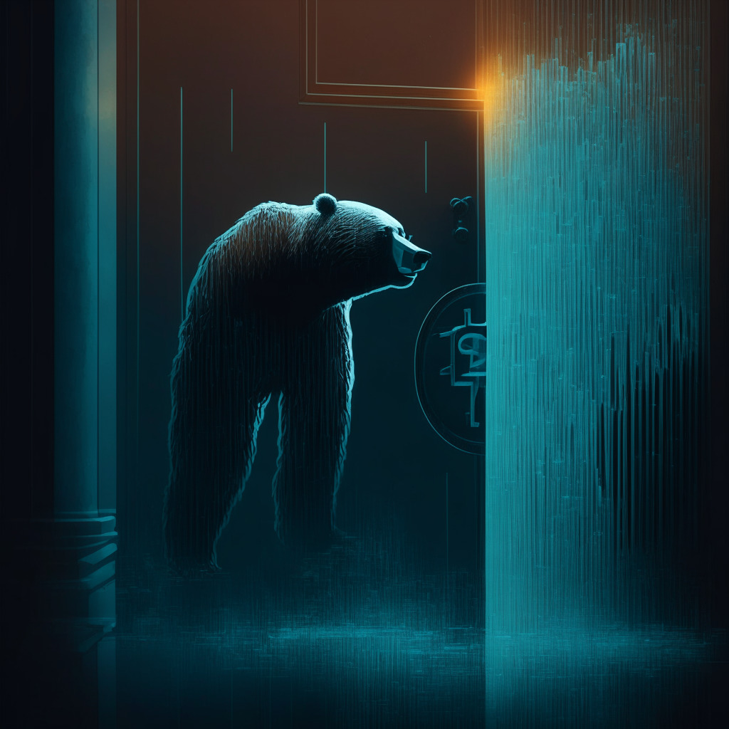 An abstract representation of a fluctuating crypto market in cool tones, an ominous bear looming behind slightly glimmering chart, dramatizing Bitcoin's drop. Incorporation of subtle icons depicting legal scales and court gavel, highlighting legal challenges associated with crypto. Representation of opportunity through a door slightly ajar shedding some light in the dimly lit setting, capturing a mood of uncertainty yet hidden prospects.