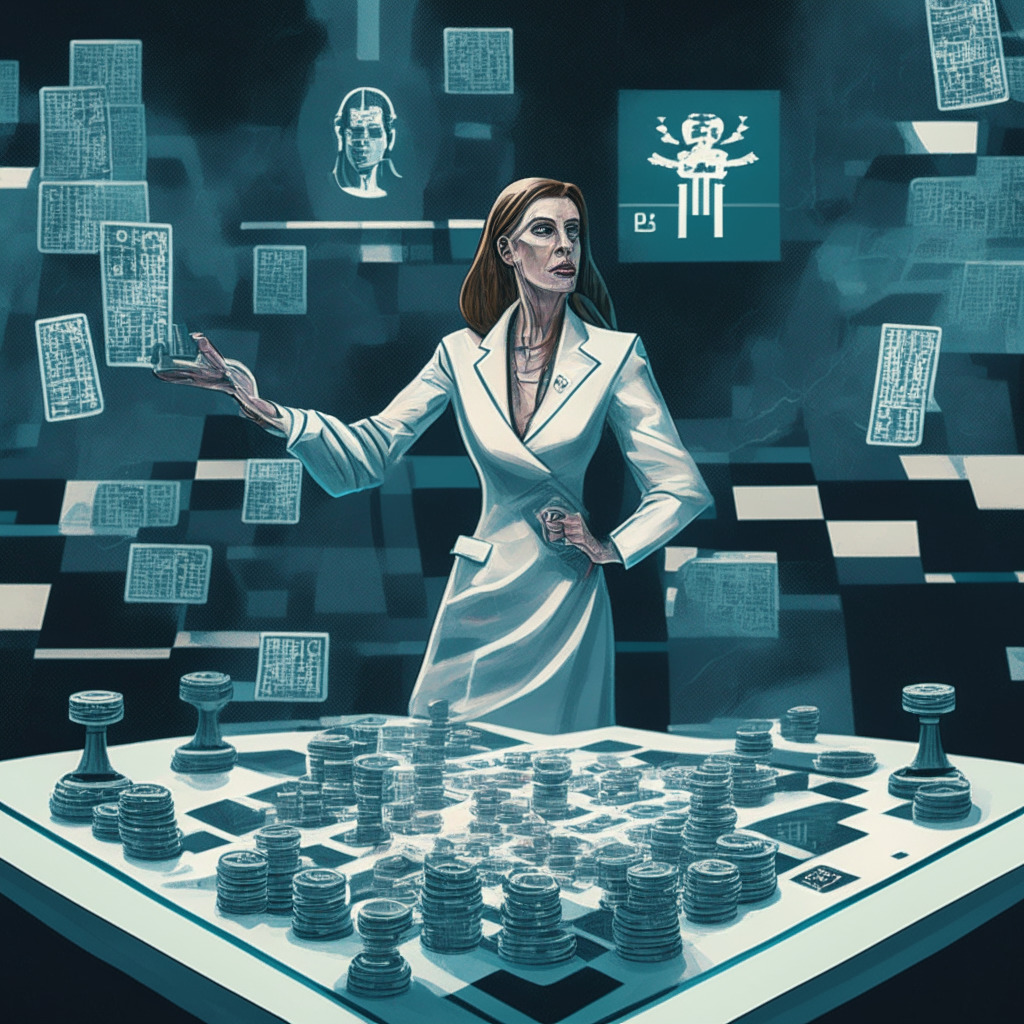 Congresswoman in powerful discourse with a financial figure in a neo-futuristic setting. The mood is tense, filled with the uncertainty of crypto-regulations. The backdrop features floating binary codes, U.S dollar and abstract coin symbolising PYUSD. Novelty fuses with classicism as figures hover over a chessboard suggesting strategic moves in the crypto-arena.