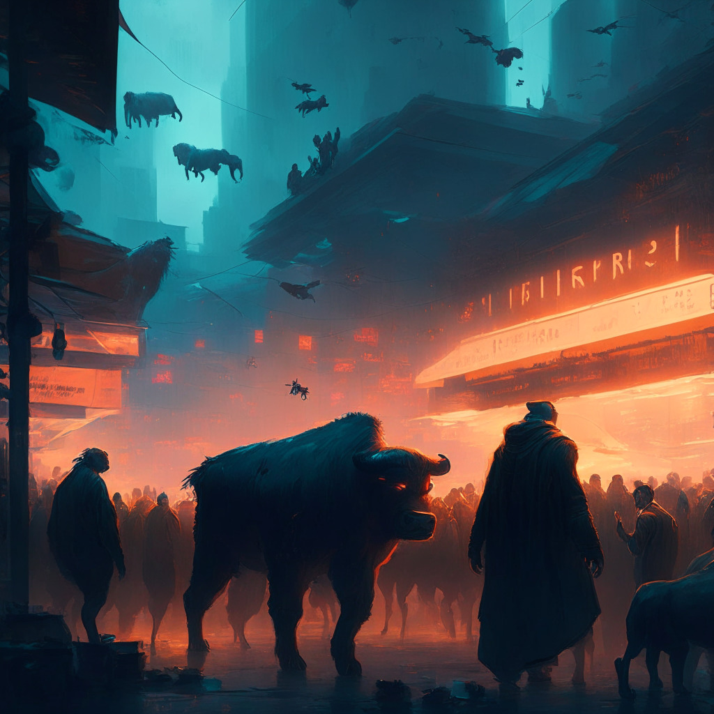 Dusk-lit marketplace on the cyberpunk cityscape, deftly personifying the crypto sphere. Humanoid bears and bulls tussle in the market, vigour in their eyes radiating energy of volatility. Suspense fills the scene embodying a sense of duality - uncertainty and resilience. The air buzzes with promise of lucrative rewards amidst dizzying risk, echoing the thrill of the crypto world.