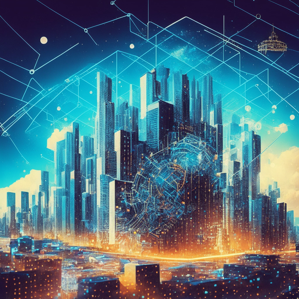 A fusion of the modern digital world and historical elements, reminiscent of the era when electricity and personal computers were first introduced. Scene depicts a vibrant cityscape with soaring GDP growth reflected in grand architectures. Scattered around are elements embodying generative AI innovations. The sky projects a futuristic AI constellation, subtly shaped like a cryptocurrency symbol. The mood is one of anticipation but also caution, with the city basking in warm, early-morning industrial-era light, yet shrouded in fog, representing uncertainty.