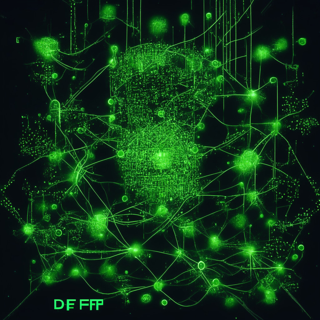 Conceptual representation of DeFi micro-primitives, intricate network of detailed, decentralized protocols glowing in a discrete green, hinting at complexity and innovation. Set against a dark cybernetic backdrop, echoes of anticipatory tension in the atmosphere, illuminated pathways symbolizing growth, evolution, and potential challenges.