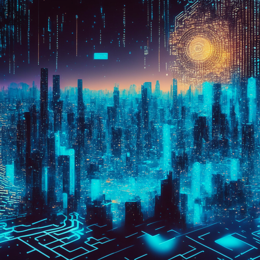 A futuristic digital cityscape lit by neon lights with abstract blockchain patterns in the sky, illustrating a world-wide cryptocurrency revolution. Ethereal waves of data pulses show the transferring of crypto tokens, with an artistic take on an eye-iris scan. The scene carries mixed tones, reflecting a blend of curiosity, daring ambition, and caution, indicating the controversies associated with data privacy.