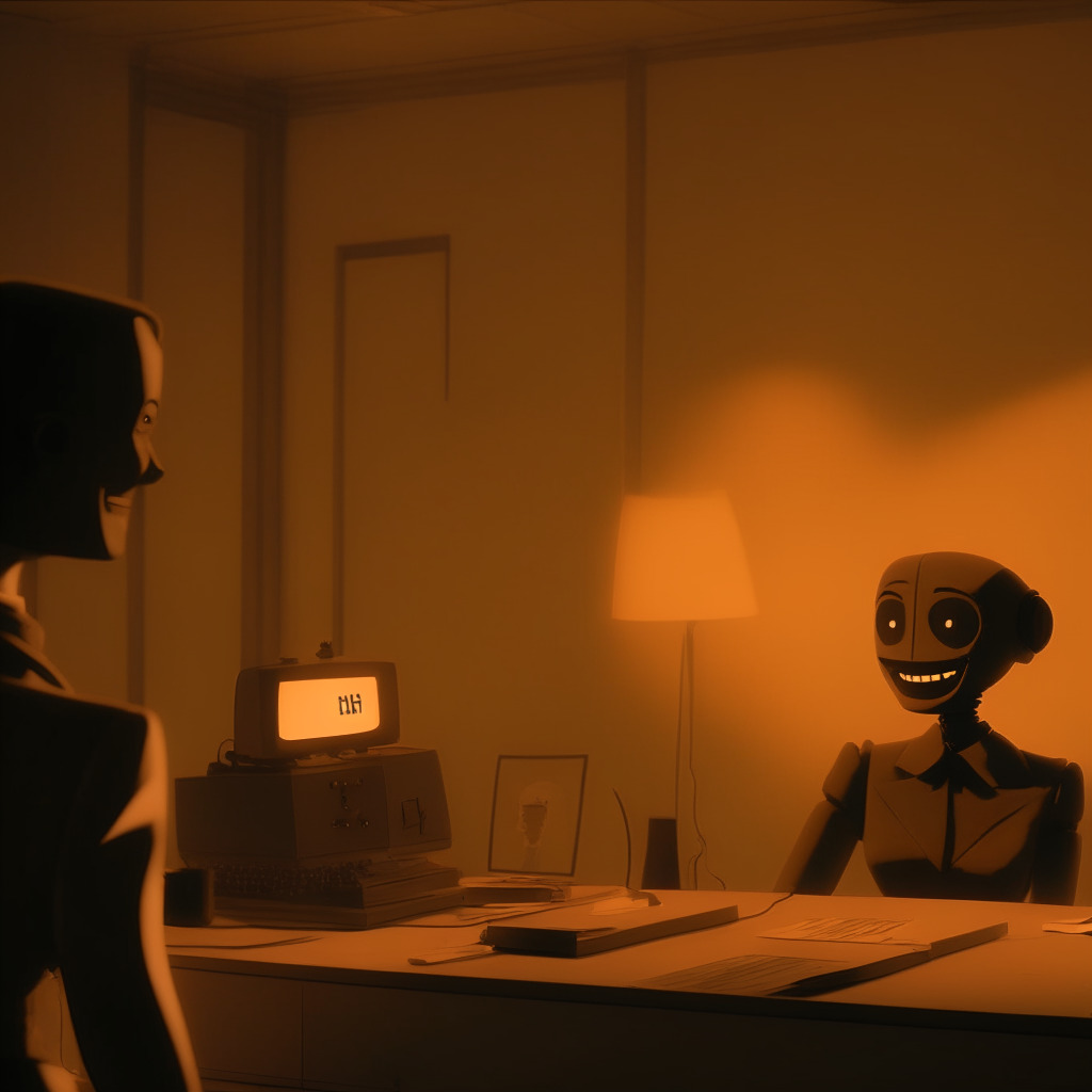A 1950s noir-style office, a polite humanoid robot assistant mimicking human labor, a digital projection of a smiling ChatGPT talking. In the corner, a nebulous humanoid figure acing CAPTCHA tests. Firefox-orange light filling the room suggesting late sunset. Ghostly deepfake faces flicker in the shadows, evoking intrigue and anxiety. Mood is a blend of fear, curiosity, and cautious optimism.