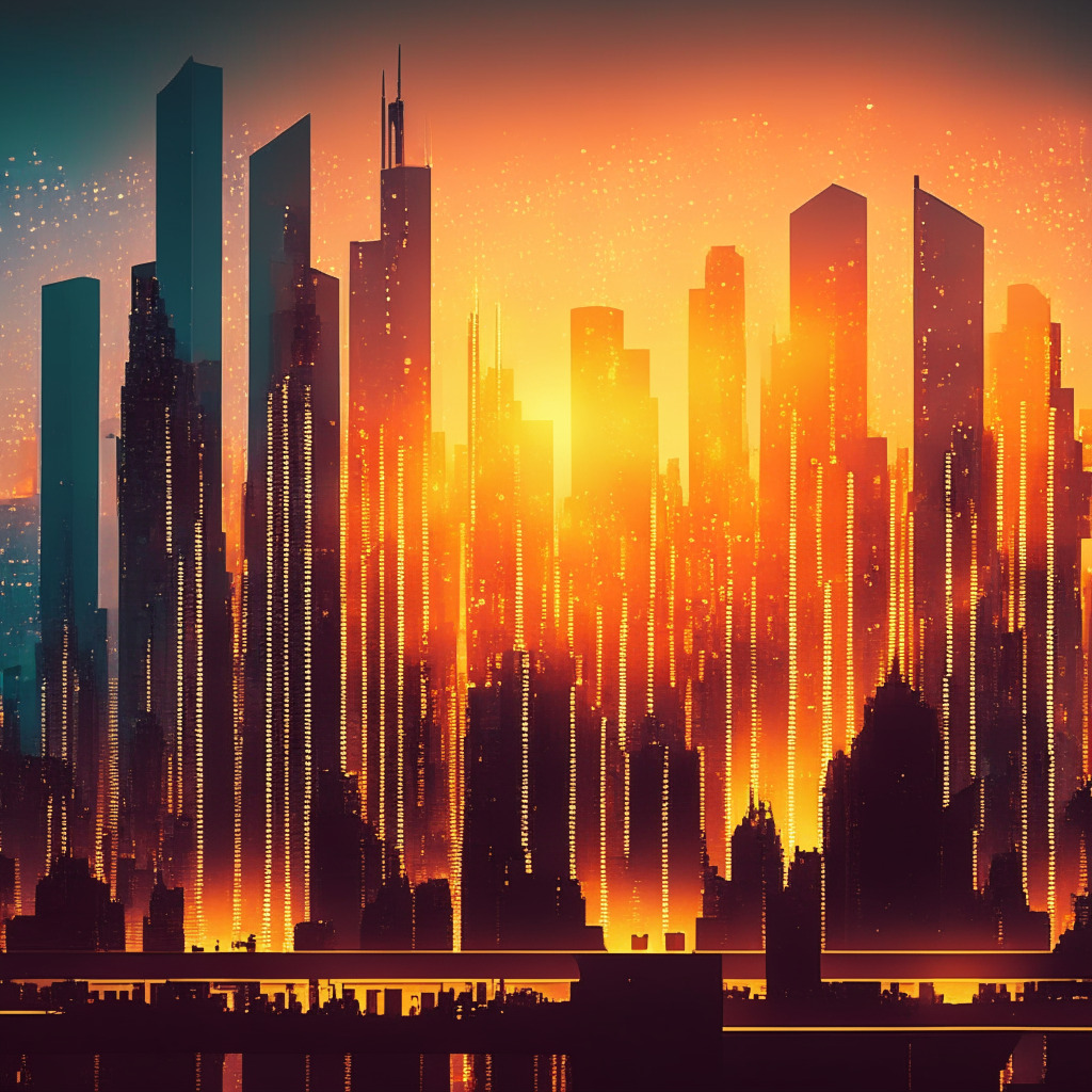 A surrealistic, brightly lit cityscape at dusk, symbolizing the transition from traditional to digital banking. Skyscrapers made of towering debit and credit cards fading into silhouettes of binary code, reflect the impending shift. The setting sun cast warm hues over a bustling metropolis, while a futuristic central bank shimmers at the heart of the city. Rays of light falling on scattered physical cash, symbolizing it's continued relevance. Mood is contemplative.