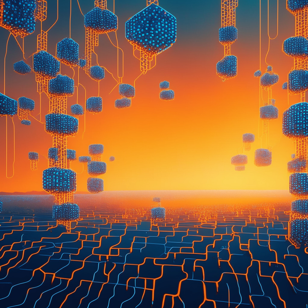 A futuristic digital landscape at sunset, blockchain link chains floating mid-air, interwoven with neural network-like structures representing AI. Emphasize colder blues for blockchain, warmer oranges for AI. Mood is bold and curious, static yet evolving, like a high-stake chess match. No people.