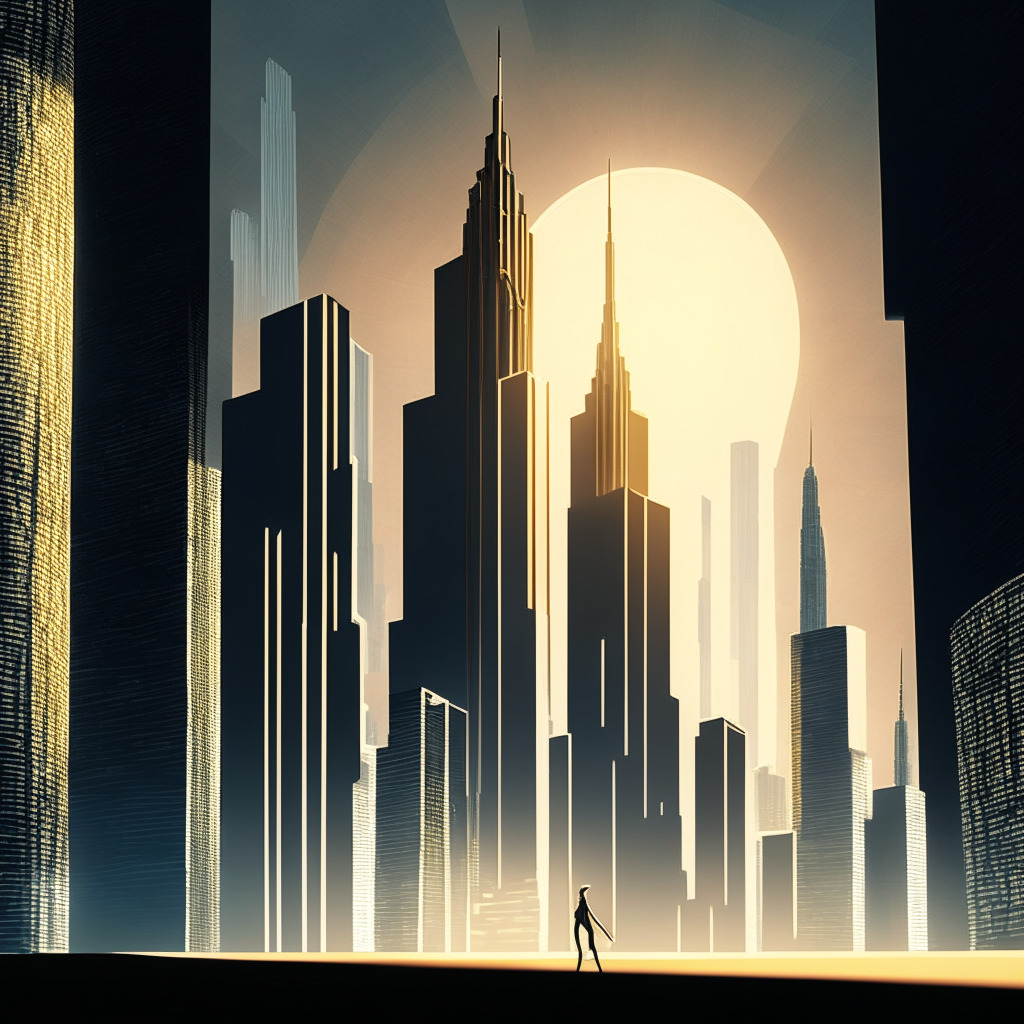 A futuristic cityscape with skyscrapers representing Bitcoin ETF applications, looming shadow of an entity symbolizing the SEC in the background. The lighting embodies the uncertainty of decisions pending, and a set of scales pivot in the balance, symbolizing the looming review. A pathway forked into three indicates possible outcomes: approval, appeal, and denial. Shadows thrown by the imposing structure add drama, intensity and suspense, in an Impressionistic style.
