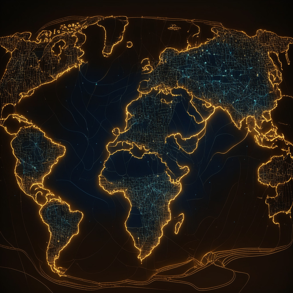 A global map illuminated with contrasting lights and shadows, the luminous areas symbolizing nations receptive to blockchain, and the darker regions denoting those resistant. The terrain is coiled with intricate engravings representing regulatory challenges and cultural disparities, juxtaposed against areas dotted with a glowing blockchain symbol, symbolizing hope and progress. It's tied together by an underlying, sinuous chain, embodying the interconnectedness of the blockchain network. Artistic style inspired by Renaissance cartography mixed with modern graphics to depict the paradox of the technology. The scene encapsulates a tense, yet hopeful mood.