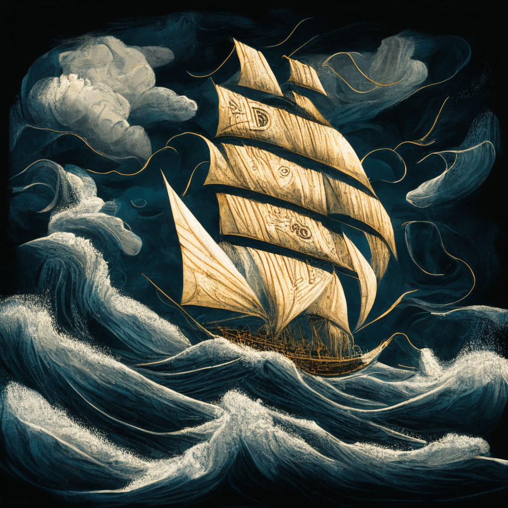 An intricately detailed sailing boat, aptly named Sato, voyages atop the dynamic waves of the Atlantic Ocean under a stormy, diffused light setting. The vessel's sails billow, painted with a bold, stylized Bitcoin logo. This artistic maritime representation of Bitcoin evokes a feeling of independence, self-management, and resilience through a high-risk journey, not unlike navigating the highly fluctuating world of cryptocurrency, stimulating thoughtful discussion and reflection.