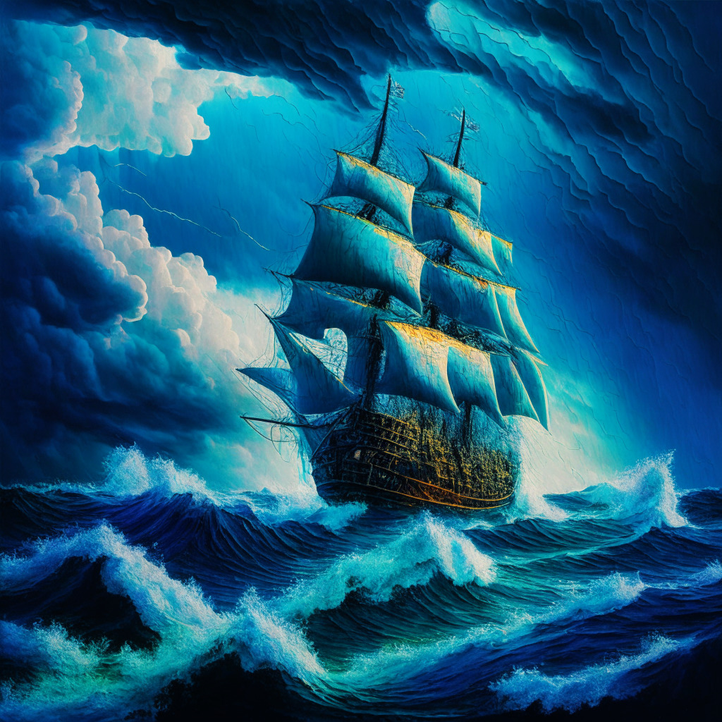 A turbulent ocean under stormy skies, cryptocurrencies as sailing ships navigate the treacherous waters. High-detailed Hedera Hashgraph ship shimmers under a faint light, battered and caught between gigantic waves that symbolises public sentiment and market performance. Sonik Coin ship with electric blue sails, forefront of the scene, easily riding the bullish wave into the distance with a rainbow in the background. The scene is set in the presentation style of an 18th century Romanticist painting, bolstering the dramatic, tumultuous scene with emphasis on vivid color contrasts and expansive cloud formations. The mood is tense yet expectative with a glimmer of hope.