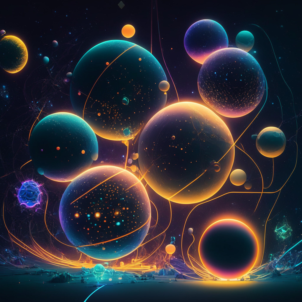 A conceptual scene of an intricate blockchain universe with individual networks represented by planets, each glowing with varying intensity to indicate their value. The planets conveying SUI and HBAR are lowering their glow, indicating a dip in their value, while the ETH planet brightly shines. The style is strikingly surreal, with a cool color palette reflecting a sense of unease and anticipation in the crypto market. Impending token unlocks, represented as comet-like entities, are approaching this planetary system, promising potential volatility. The atmosphere is filled with swirling stardust to portray the rich potential of the crypto future.