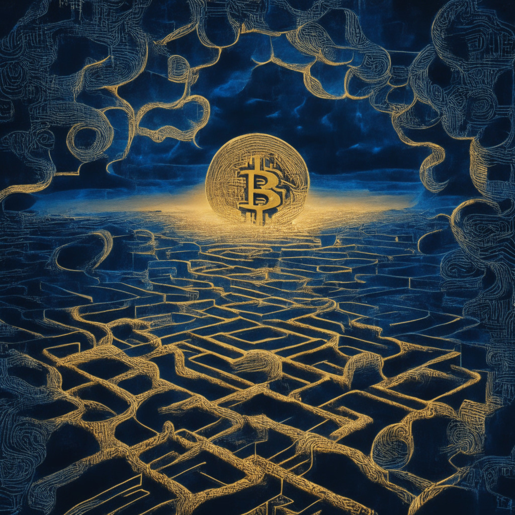 An intricate labyrinth, in tones of gold and cobalt, filling the surface of a giant Bitcoin, floating in a cloud-filled twilight sky. The details of the maze glowing with the soft, diffused light, creating an air of mystery and intrigue, capturing the labyrinthine nature of the cryptocurrency world. An anonymous figure, styled like Satoshi Nakamoto, standing at the mouth of the labyrinth, gazing in. The atmosphere is quiet, with a profound sense of the monumental, like a neoclassical painting.