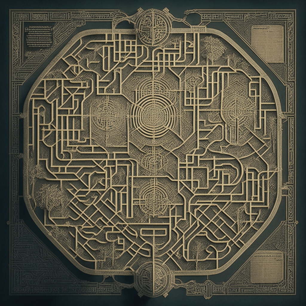 An intricately detailed labyrinth symbolizing complexities of crypto custody. In the center, two paths diverge: one leading to an autonomous digital wallet indicating self-custody, the other toward a fortified castle for custodial services. Style is reminiscent of a vintage map with soft ambient lighting setting a mood of mystery, exploration, and intricate decision making.