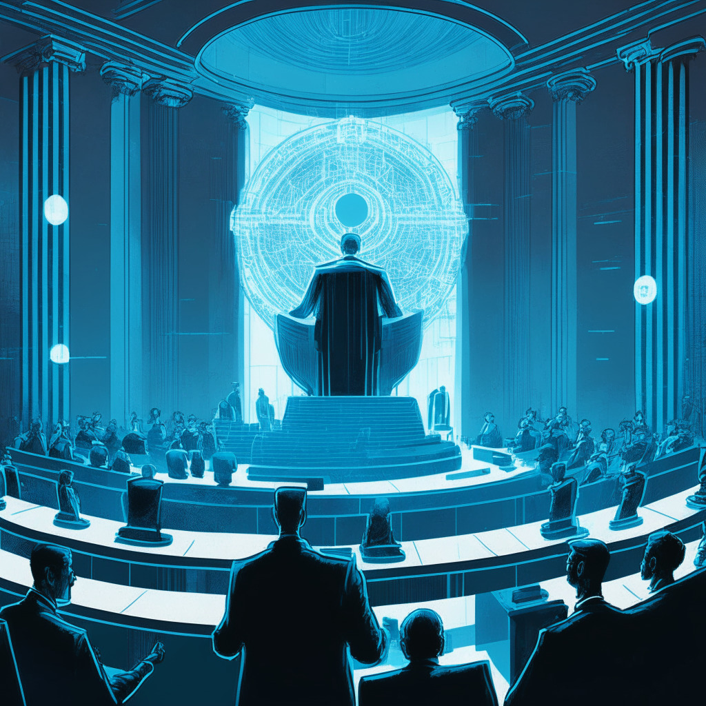 A courtroom viewed through a transparent, intricately designed blockchain screen. The scene is washed in soft, cool twilight blues evoking an atmosphere of tension and anticipation. In the center, a figure representing a crypto founder on trial under the watchful eyes of an authoritative figure standing as a metaphor for regulatory bodies. A jury of diverse individuals signifies myriad potential impacts on the future of crypto. There are subtle motifs threading through the scene pointing to issues of transparency, conspiracy and substantive crimes, represented using abstract artistic symbolism.