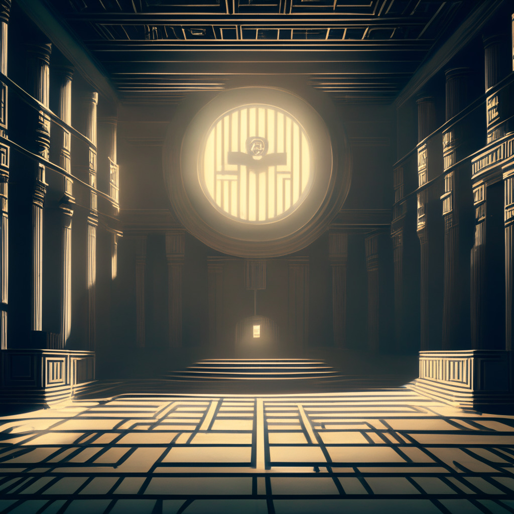 An intricate, monochrome image of a maze-like courtroom, with scale of justice in the foreground. Depict an intense, dramatic light casting strong shadows. Inside the maze, subtly hinting at key elements from the narrative like a shadowy figure seeking advice, Signal messages dissolving, crypto coins, detached North American entities. Mood should be suspenseful yet puzzling, in Picasso's cubism style.