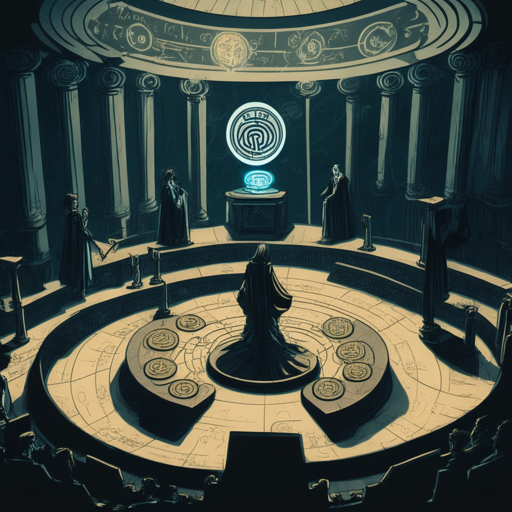 Darkly lit courtroom with an array of swirling coins symbolizing cryptocurrencies, stylized in a surrealistic art style. Intense debate is illustrated by two opposing figures representing Judges, standing firm on scaled justice podiums, each with a different interpretation of a parchment labeled 'Howey Test'. The mood is both dramatic and tense, highlighting the looming uncertainty over future crypto regulations.
