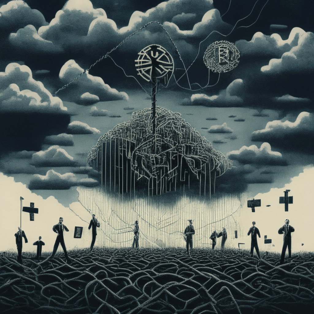 A vivid depiction of a minefield to represent the complex issue of crypto taxation, intricate barbed wire symbolizing blockchain, and distant individuals embodying Senators, IRS, and crypto advocates. The picture is presented in a noir, surrealistic style, under a complex cloud bank indicating the debate, with a muted color palette to convey the serious and edgy undertones.