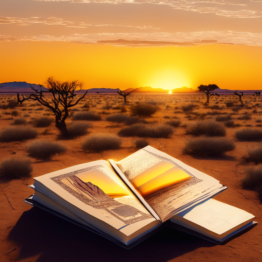 Sunset over the vast landscape of Namibia, reflecting an air of cryptic anticipation. In the foreground, a traditional African-inspired ledger book symbolizing the Virtual Assets Act, edges softened by impressionistic style. Amidst the pages, a golden key embodying the new licenses for local crypto firms. Lingering above, a scale, balancing stringency and flexibility, emitting somber, low-key ambience, highlighting the mood of cautious optimism and uncertainty.