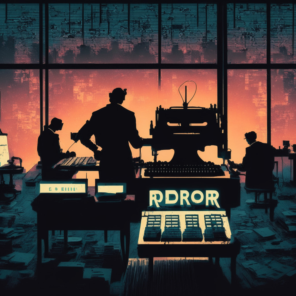A newsroom bathed in twilight, a glaring neon 'ON AIR' sign flickers, dramatizing the ambivalence towards AI. Robotic hands typing on vintage typewriters signify integration concerns, while barricades, locks symbolize resistance. Corporate entities in silhouette suggest varying stances against a backdrop of paradoxical opportunities and risks. Style: Noir.
