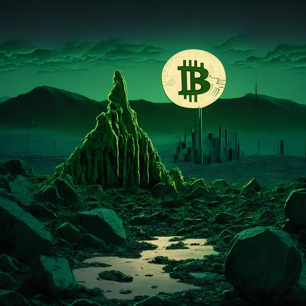 A surreal financial landscape at dusk, Bitcoin symbol looming large & gloomy, showing signs of wear and tear standing above a cracked terrain representing a potential $25,000 downturn. The U.S. equities market flourishes in the background, illuminated by pulsing green light. A scale tilted unfavorably towards the Bitcoin end, hinting at a potential ETF influencing the balance, all painted in an expressionist style, capturing a tense market atmosphere.