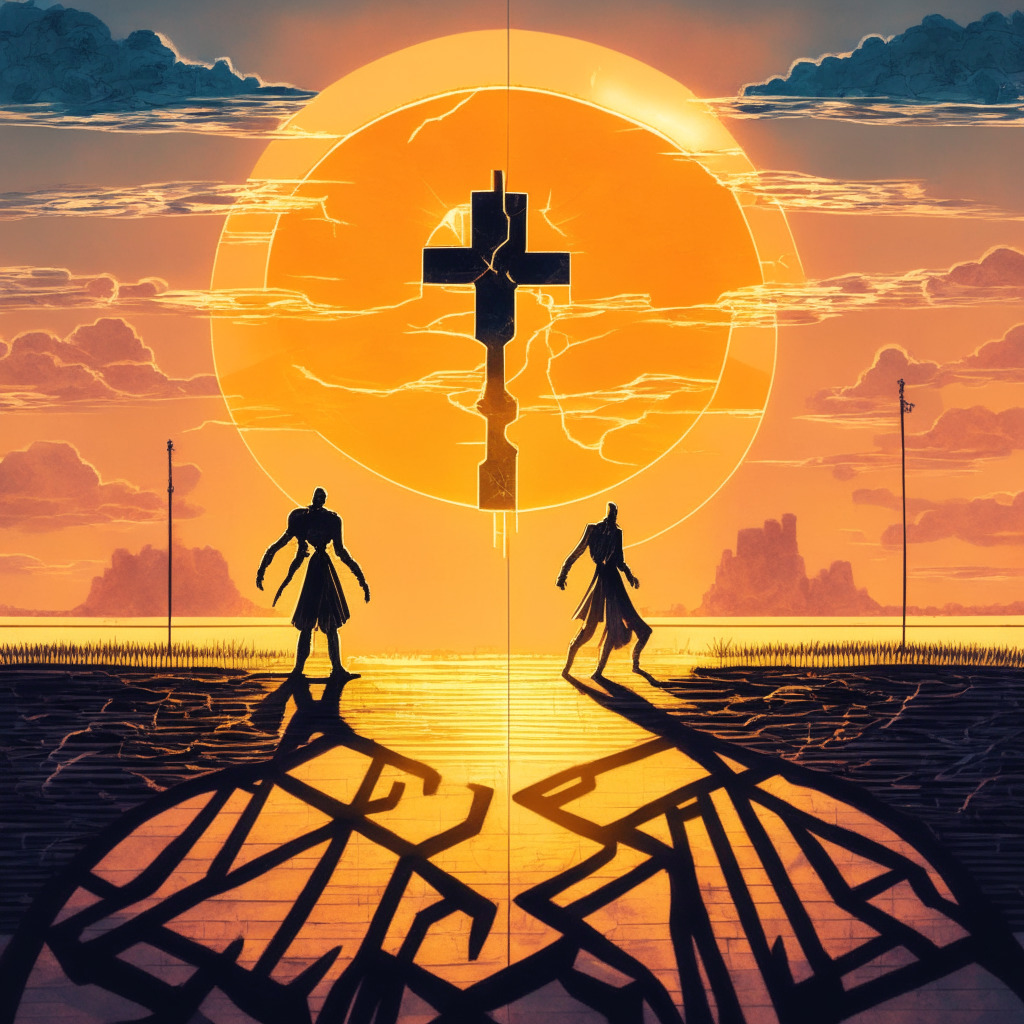 An illustrative representation of the conflict between cryptocurrency and artificial intelligence in a regulatory landscape, Set at a metaphorical crossroad under a sunset casting long shadows and an aura of uncertainty. The weight of decision reflected in the fading light, two symbolic figures stand off in the crucible of choice, one representing cryptocurrency marked by signs of deception, the other AI illuminated with transformative potential, but also enshrouded in a veil of risk. Artistic style is, impressionism embodying a sense of worry and hope. Mood is contemplative and tense.